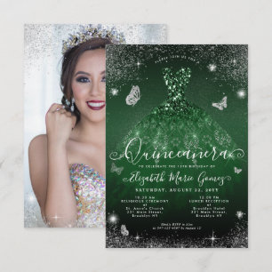 Carte De Correspondance Budget Emerald Green Silver Glam Photo Quinceanera