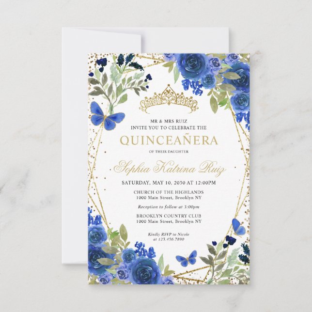 Carte De Correspondance Budget Floral Blue Gold Tiara Quinceañera Invitati (Devant)