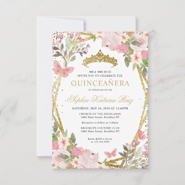 Carte De Correspondance Budget Floral Blush Gold Tiara Quinceañera Invitat (Devant)