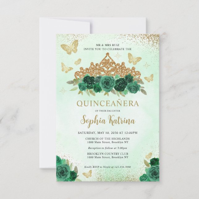 Carte De Correspondance Budget Floral Emerald Gold Tiara Quinceañera (Devant)