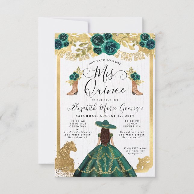 Carte De Correspondance Budget Floral Emerald Green Charra Quinceanera (Devant)