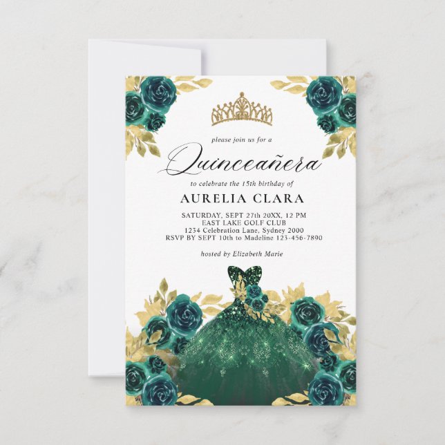 Carte De Correspondance BUDGET Glam Robe verte Floral 15e Quinceañera (Devant)