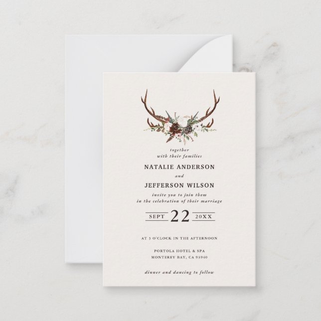 Carte De Correspondance budget Grange rustique cerf fleuri vert mariage (Devant)