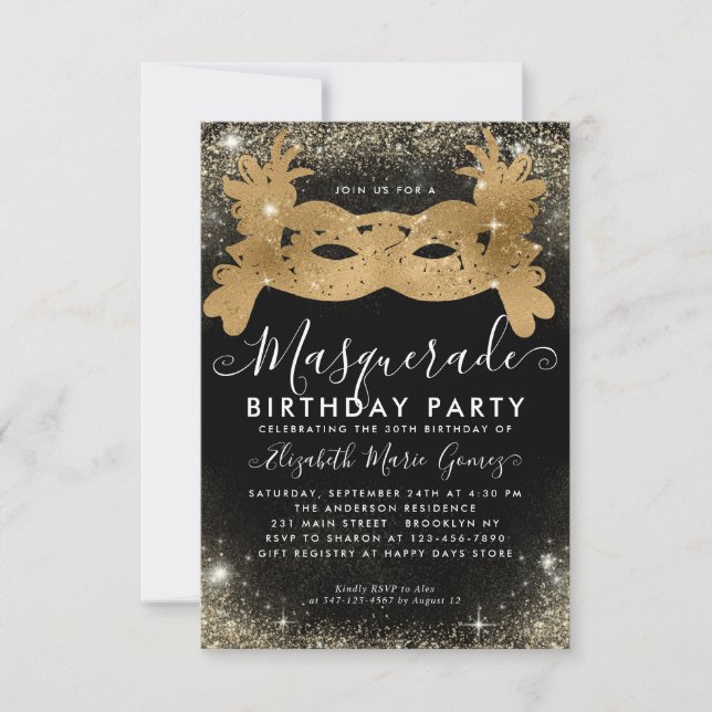 Carte De Correspondance Budget Masquerade Black Gold Glam Parties scintill (Devant)