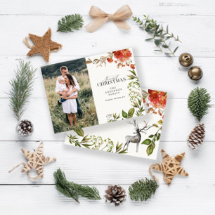 Carte De Correspondance budget noël feuillage stag photo rouge et vert