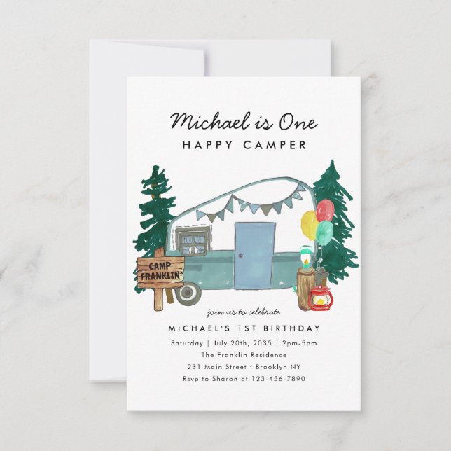Carte De Correspondance Budget One Happy Camper Trees Camping 1er annivers (Devant)