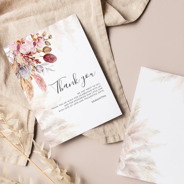 Carte De Correspondance Budget Pampas Grass Script Baby shower Merci (Pampas Grass Dried Palms Terracotta Baby Shower Thank You Card)
