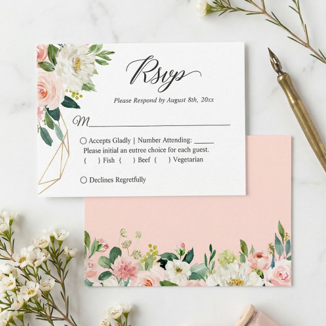 Carte De Correspondance Budget Petite Mariage RSVP | Fleurs roses blanches (Créateur téléchargé)