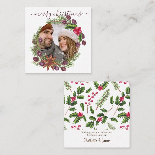 Carte De Correspondance BUDGET Photo personnalisée Noël Holly Wreath (Devant / Derrière)