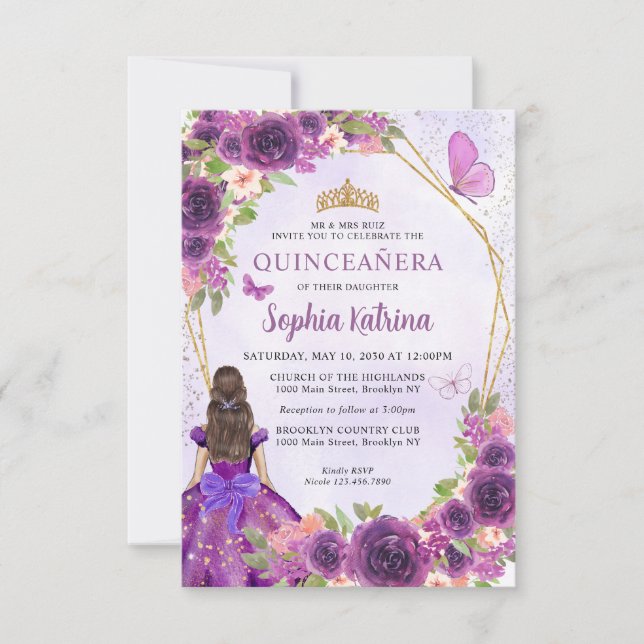 Carte De Correspondance Budget Purple Gold Floral Princess Quinceañera (Devant)