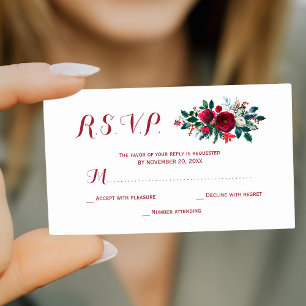 Carte De Correspondance Budget rouge Bourgogne hiver mariage floral RSVP E