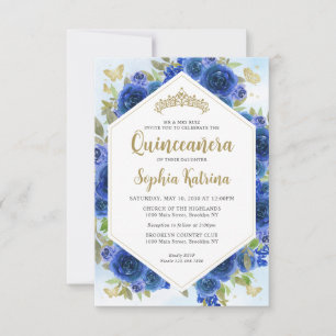Carte De Correspondance Budget Royal Blue Floral or Quinceañera