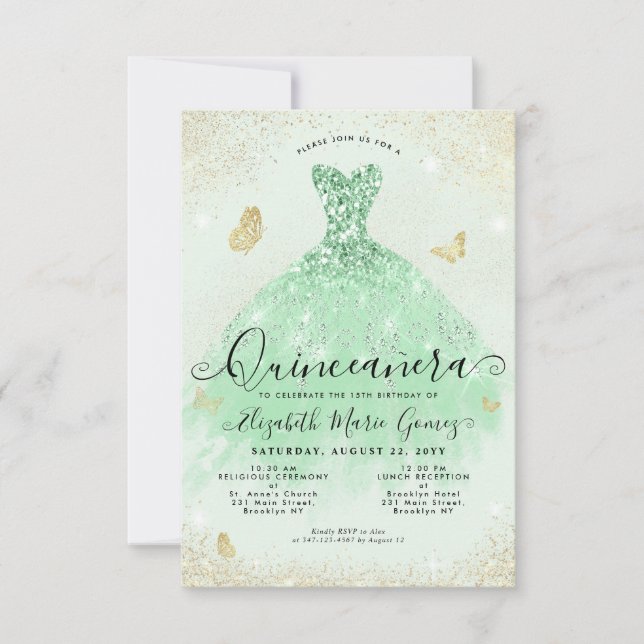 Carte De Correspondance Budget Sage Green Gold Parties scintillant Gown Qu (Devant)