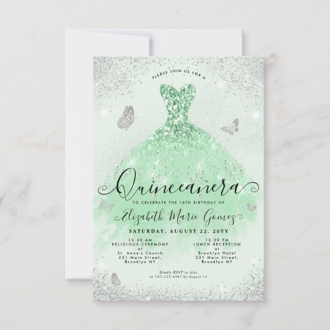 Carte De Correspondance Budget Sage Green Silver Parties scintillant Gown  (Devant)