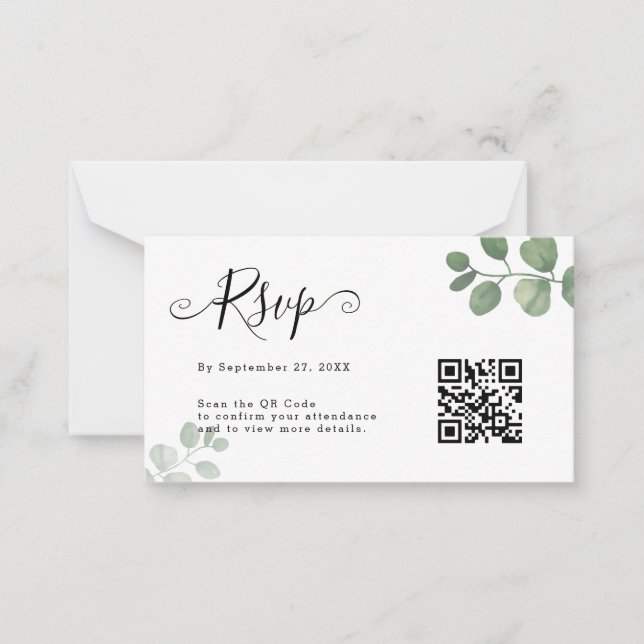 Carte De Correspondance BUDGET Simple Eucalyptus QR Code RSVP Mariage (Devant)