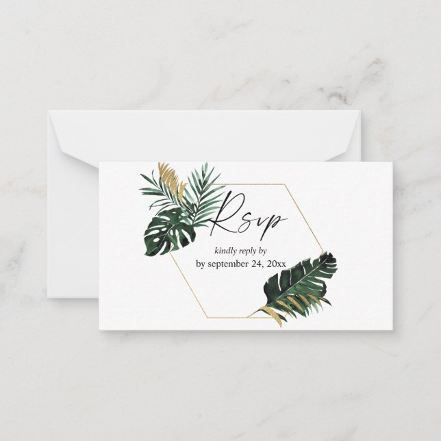 Carte De Correspondance Budget Tropical Palm Leaf Gold 2SM Repas RSVP (Devant)