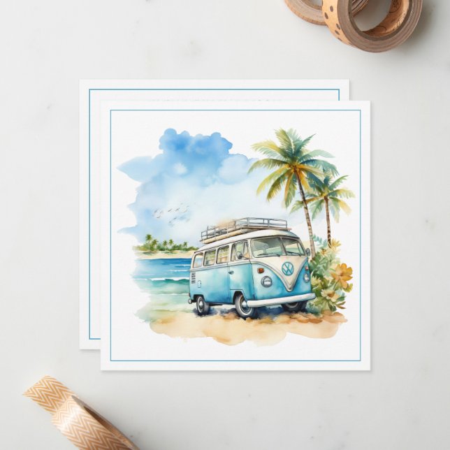 Carte De Correspondance Bus bleu rétro d'île tropicale  (Devant/Arrière en situation)