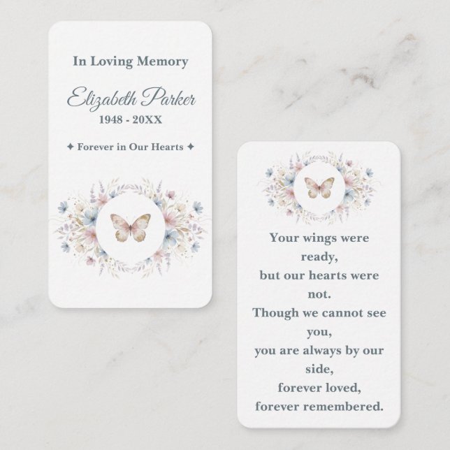 Carte De Correspondance Butterfly Floral Memorial Prayer Card Template (Devant / Derrière)
