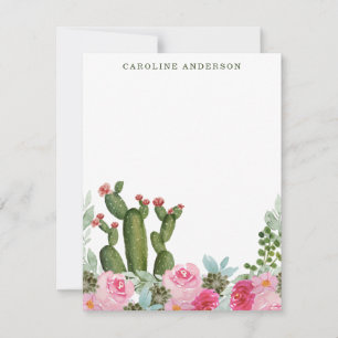 Carte De Correspondance Cactus aquarelle et Fleurs roses Personnalisées