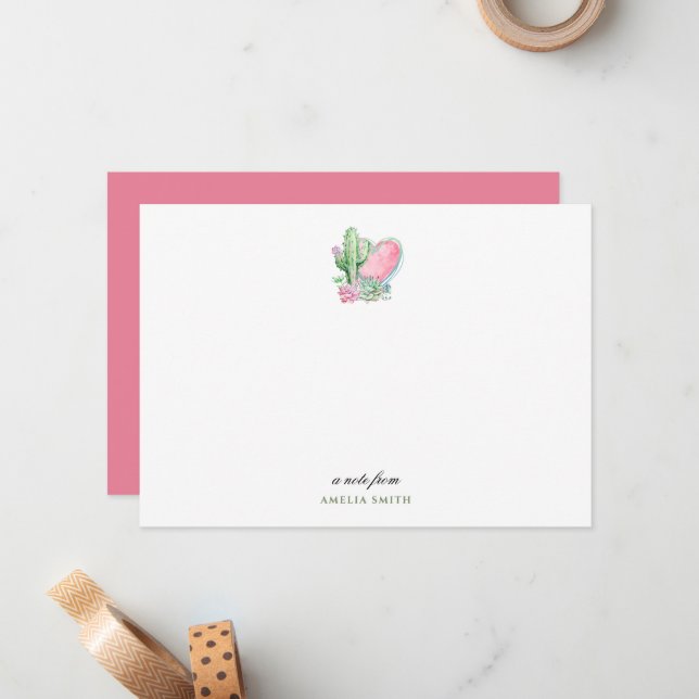 Carte De Correspondance Cactus avec cœur rose (Devant/Arrière en situation)