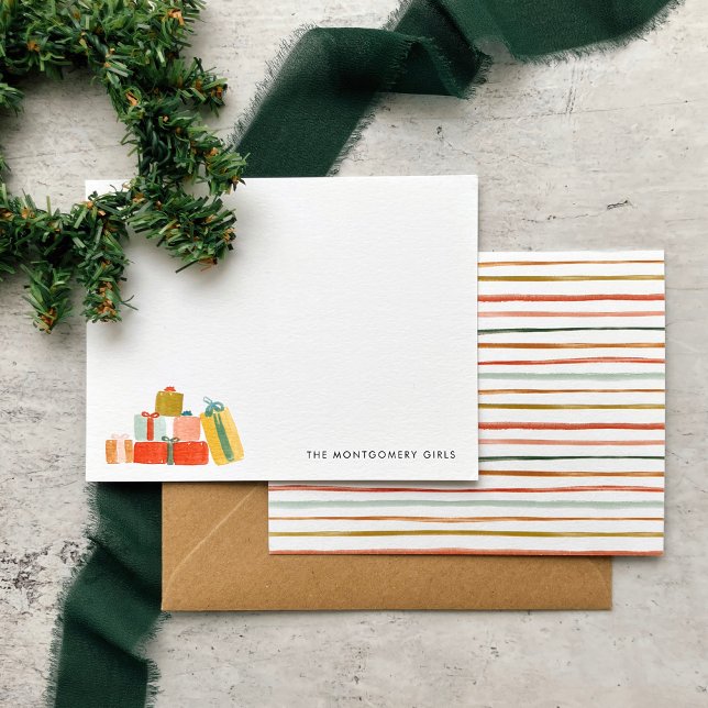 Carte De Correspondance Cadeaux de Noël de l'eau moderne festive Fêtes (Watercolor Christmas presents note cards with colorful stripes on the back. Great holiday gift idea!)