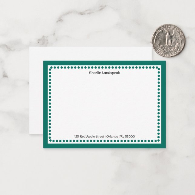 Carte De Correspondance Cadre pointillé vert sarcelle moderne avec nom per (Devant/Arrière en situation)