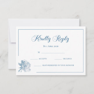 Carte De Correspondance Calligraphie Fleurs Bleu Poussiéreux Blanc Réponse