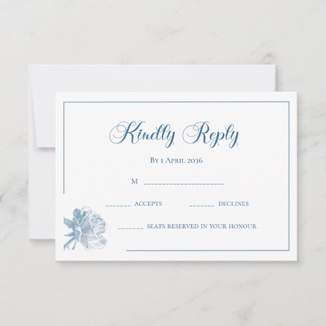 Carte De Correspondance Calligraphie Fleurs Bleu Poussiéreux Blanc Réponse (Devant)