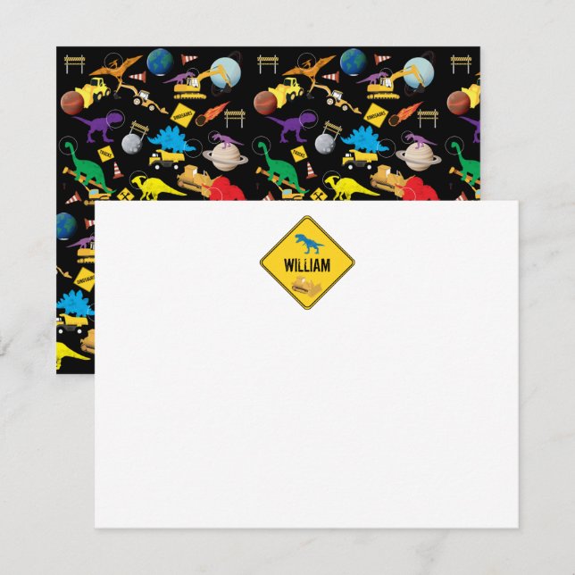 Carte De Correspondance Camions de Construction Dinosaures Espace Enfants (Devant / Derrière)