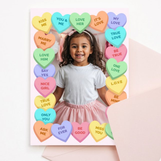 Carte De Correspondance Candy Heart Kid Photo Valentine Card, Child School (Créateur téléchargé)