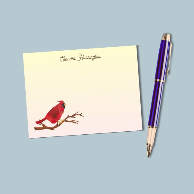 Carte De Correspondance Cardinal Rouge Rétro Chic Illustré à la Main (On this cardinal note card, my original art of the beloved red bird appears against a soft gradient.)
