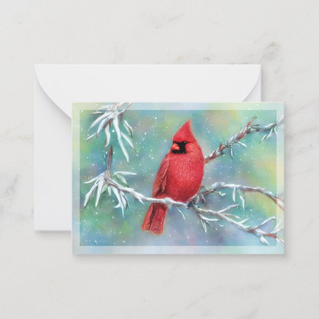 Carte De Correspondance Cardinal sur la branche neige budget mini Noël (Devant)
