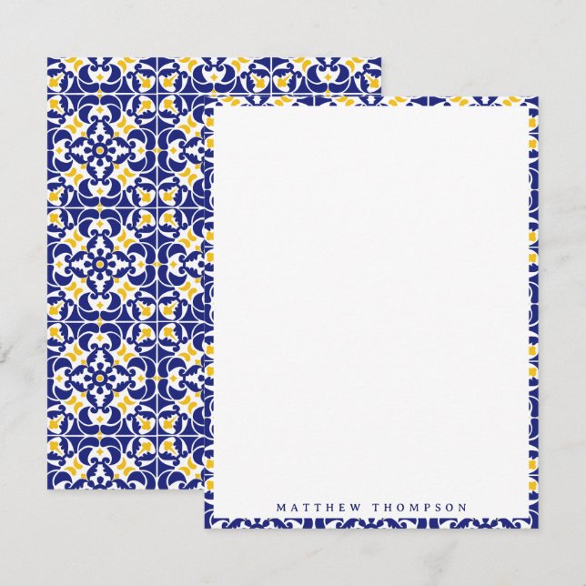 Carte De Correspondance Carreaux méditerranéens Bleu & Jaune Nom du Motif (Devant / Derrière)