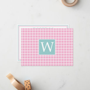 Carte De Correspondance Carreaux Rose et Blanc avec Monogramme Turquoise S