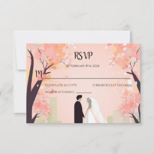Carte De Correspondance Cartoon de couple minimaliste avec fleurs RSVP