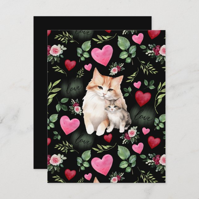 Carte De Correspondance Cat Love Valentine’s Day Card in Black (Devant / Derrière)