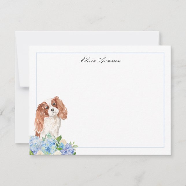 Carte De Correspondance Cavalier King Charles Spaniel Blue Hydrangea (Devant)