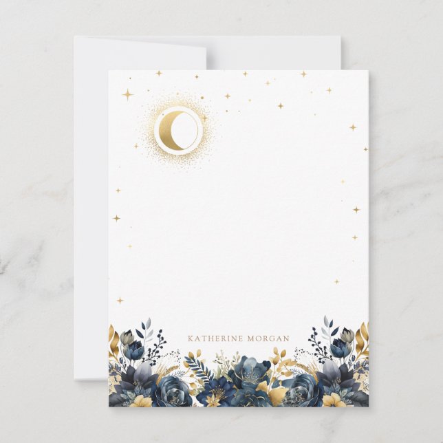 Carte De Correspondance Céleste Floral Blue Stars Moon Mariage (Devant)