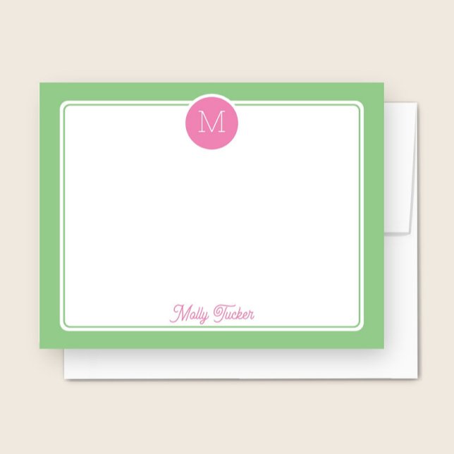 Carte De Correspondance Cercle Monogramme Preppy rose et vert (Créateur téléchargé)