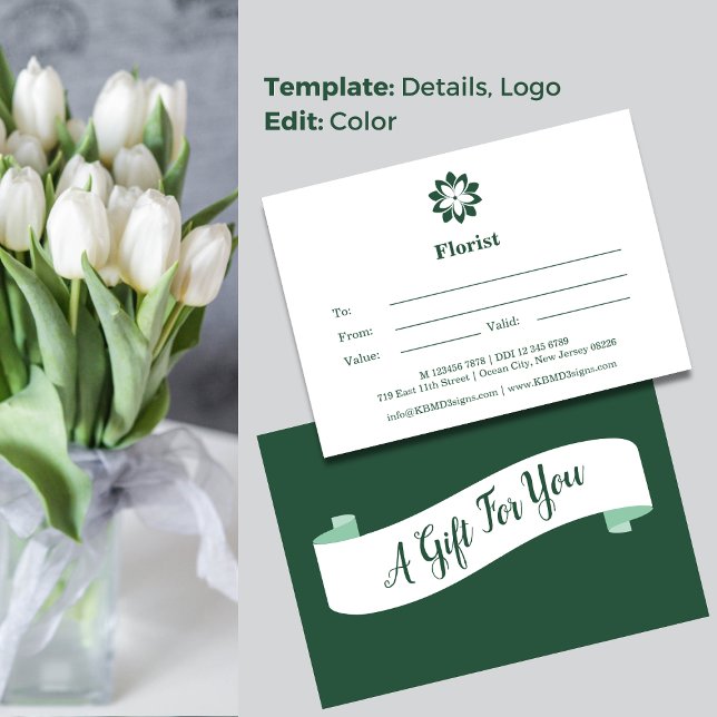 Carte De Correspondance Certificat cadeau 💝 Florist Green & White (💝Florist Green & White Gift Certificate Note Card, A Gift For You)