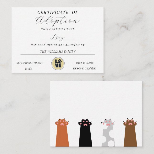 Carte De Correspondance Certificat d'adoption (Devant / Derrière)