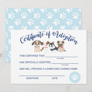 Carte De Correspondance Certificat d'adoption d'un chiot Anniversaire de n