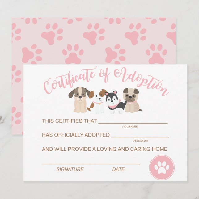 Carte De Correspondance Certificat d'adoption d'un chiot pour son annivers (Devant / Derrière)