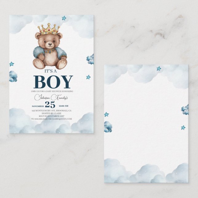 Carte De Correspondance C'EST LE Baby shower D'Ours GARÇON (Devant / Derrière)