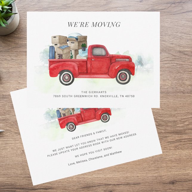 Carte De Correspondance Changement d'adresse du camion rouge de l'aquarell (We're Moving Watercolor Red Truck Address Change Note Card)