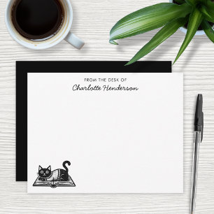 Carte De Correspondance Chat amateur de livres noir et blanc personnalisé
