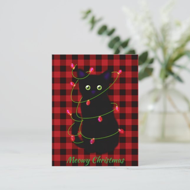 Carte De Correspondance chat noir | Meowy Christmas | étoile scintillante (Debout devant)
