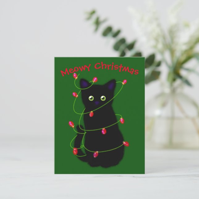 Carte De Correspondance chat noir | Meowy Christmas | lumières à scintille (Debout devant)