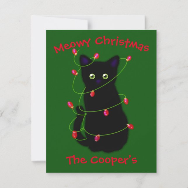 Carte De Correspondance chat noir | Meowy Christmas | lumières à scintille (Devant)