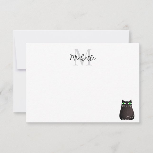 Carte De Correspondance Chat Noir Mignon Monogramme Personnalisé (Devant)